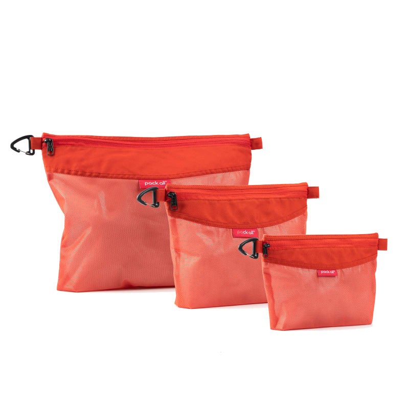 pack all 3 Pcs Water-resistant Material Zipper Pouch Set, Mesh Zipper Bags for Storage, Travel, Office (Orange) - Image 1